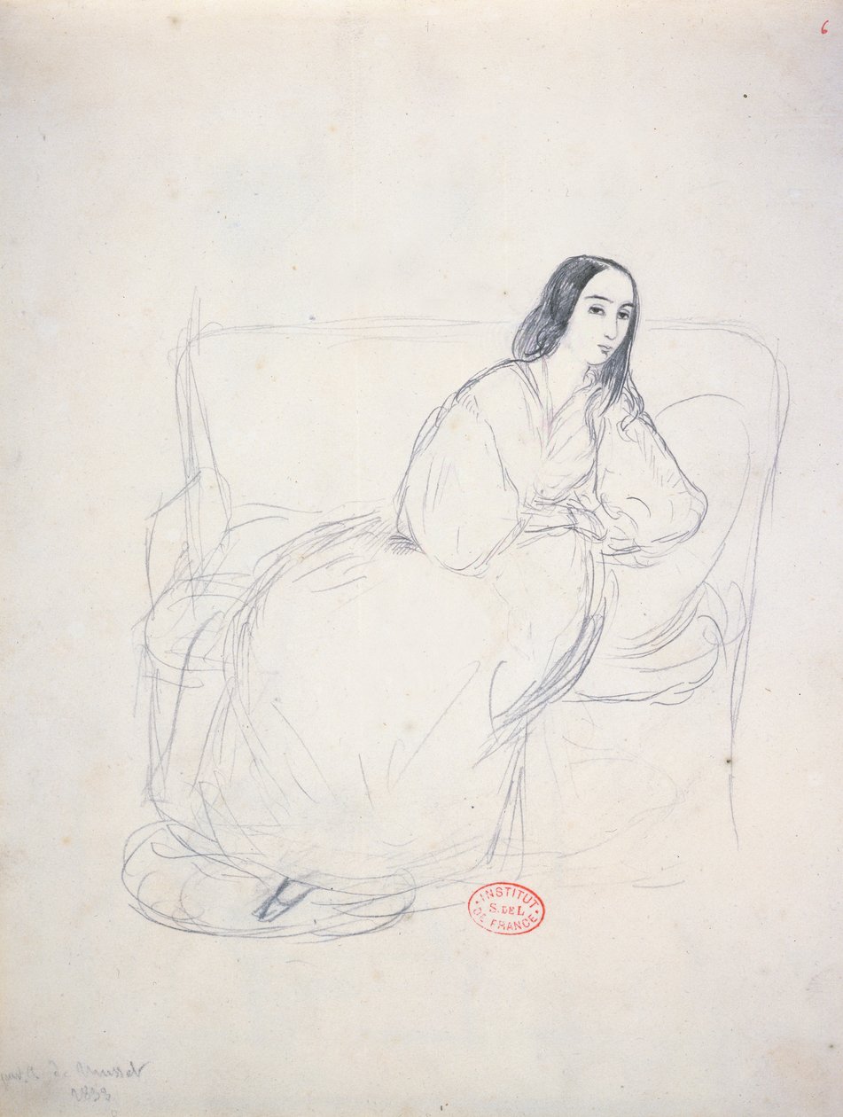 George Sand (1804-1876) sentado em um sofá, 1833 de Alfred de Musset