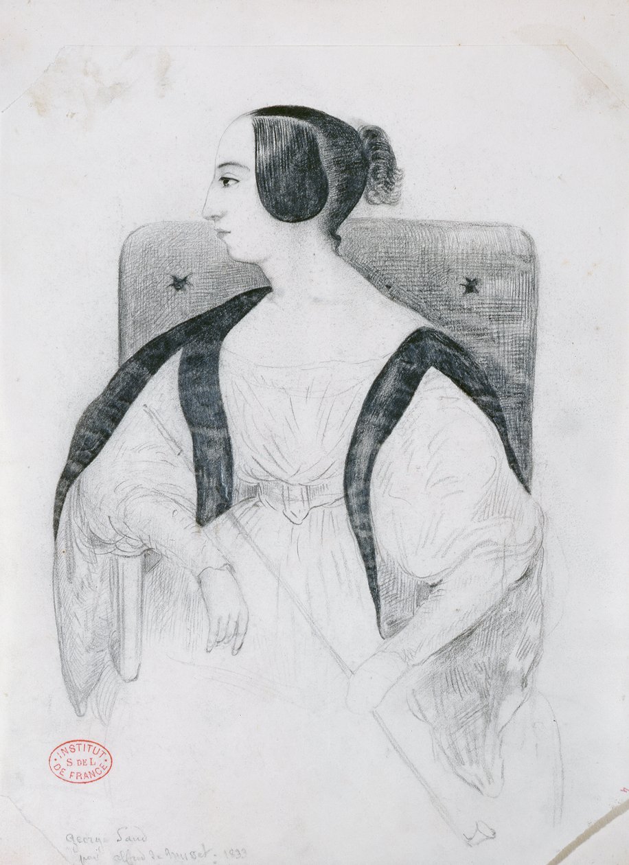 George Sand (1804-76) Sentado em uma poltrona, 1833 de Alfred de Musset