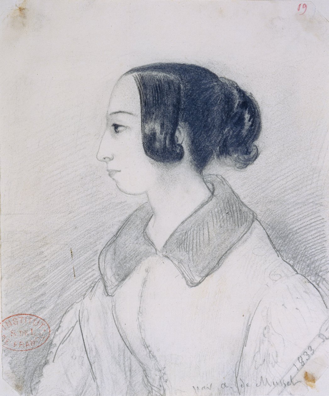 George Sand (1804-76) de perfil, 1833 de Alfred de Musset