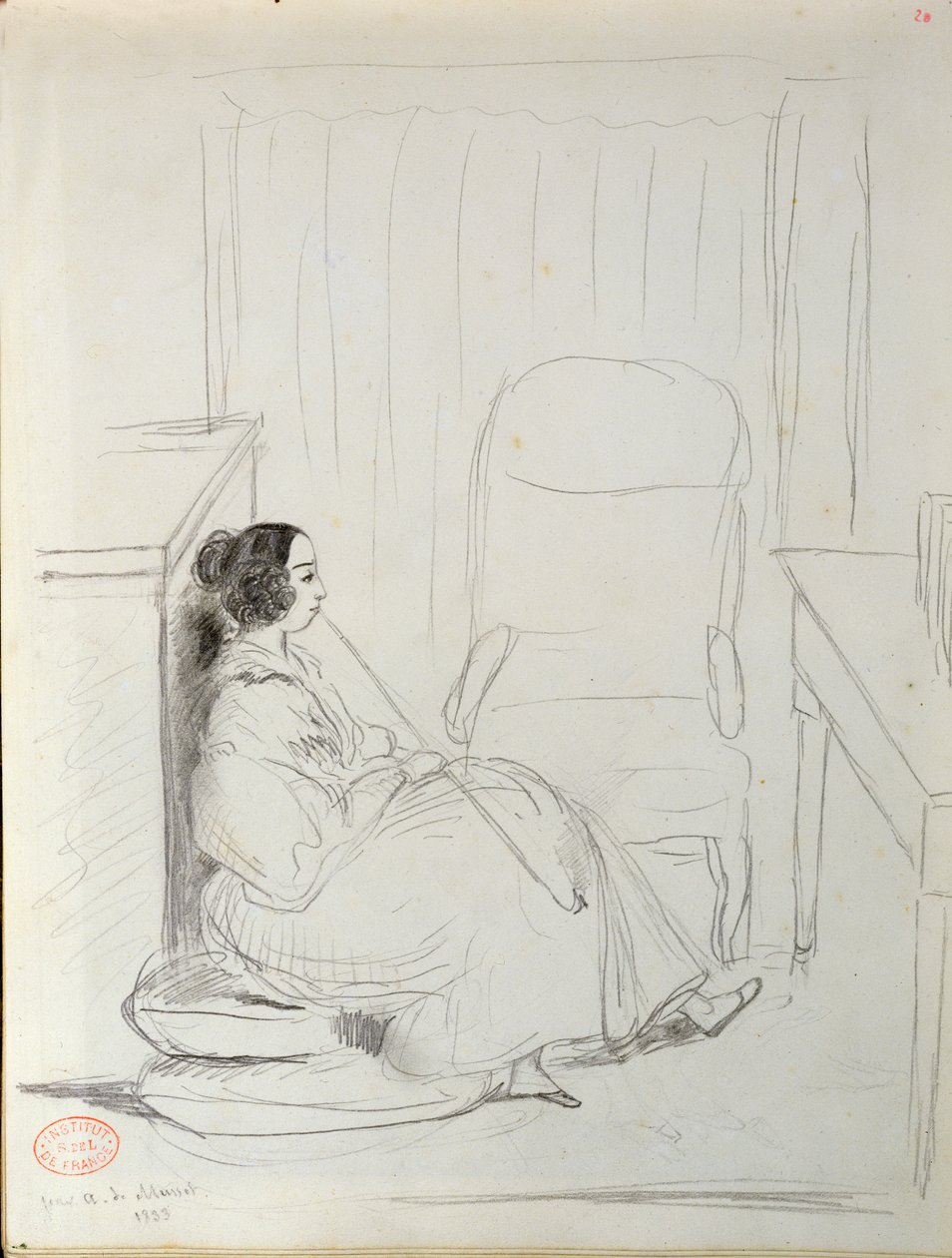 George Sand (1804-76) sentado e fumando um cachimbo, 1833 de Alfred de Musset