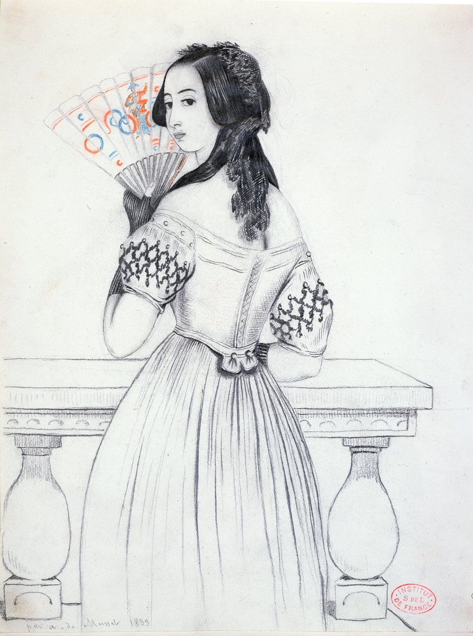 George Sand (1804-76) com um fã de 1833 de Alfred de Musset