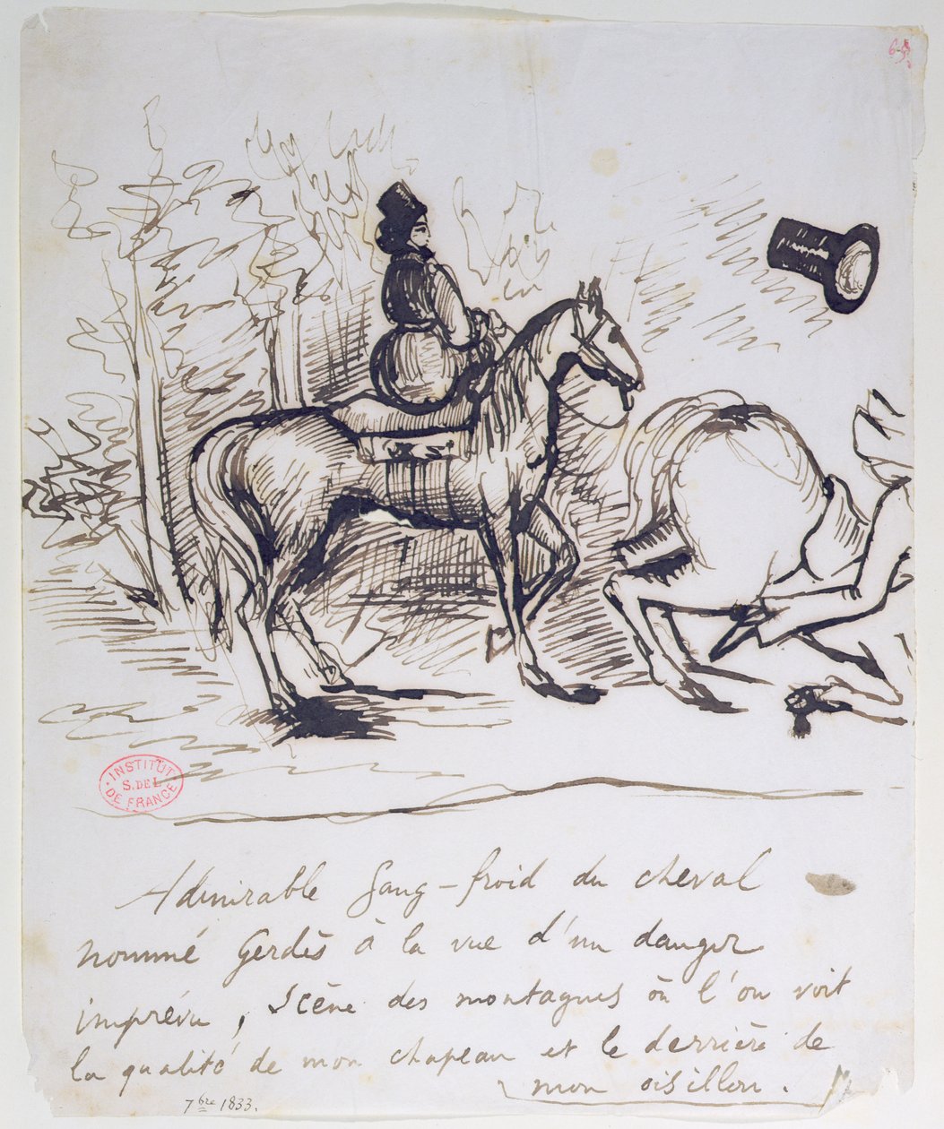 Cavalo de George Sand exibindo sangfroid atrás do cavalo de tropeço de Alfred de Musset (1810-1857), setembro de 1833 de Alfred de Musset
