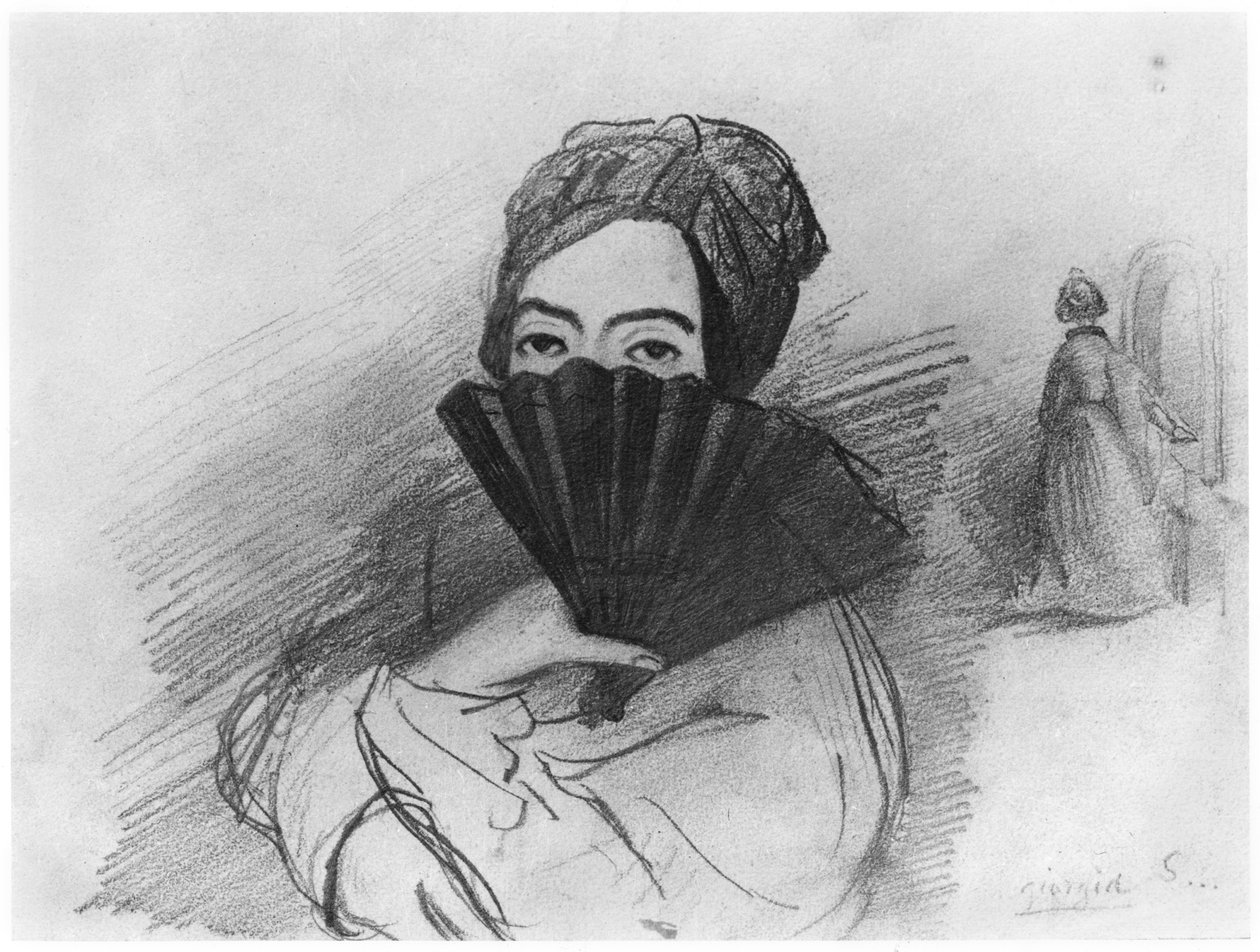 Retrato, de, george, areia, (1804-76), atrás de, dela, ventilador de Alfred de Musset