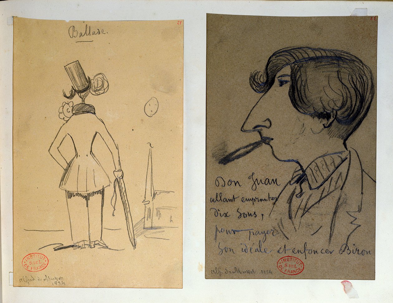 Duas fotos, &39;Ballade&39; (A Lua Como o ponto em um eu): Alfred de Musset (1810-57) da parte de trás (à direita), &39;Don Juan ...&39;: Musset smoking (à esquerda), 1834 de Alfred de Musset