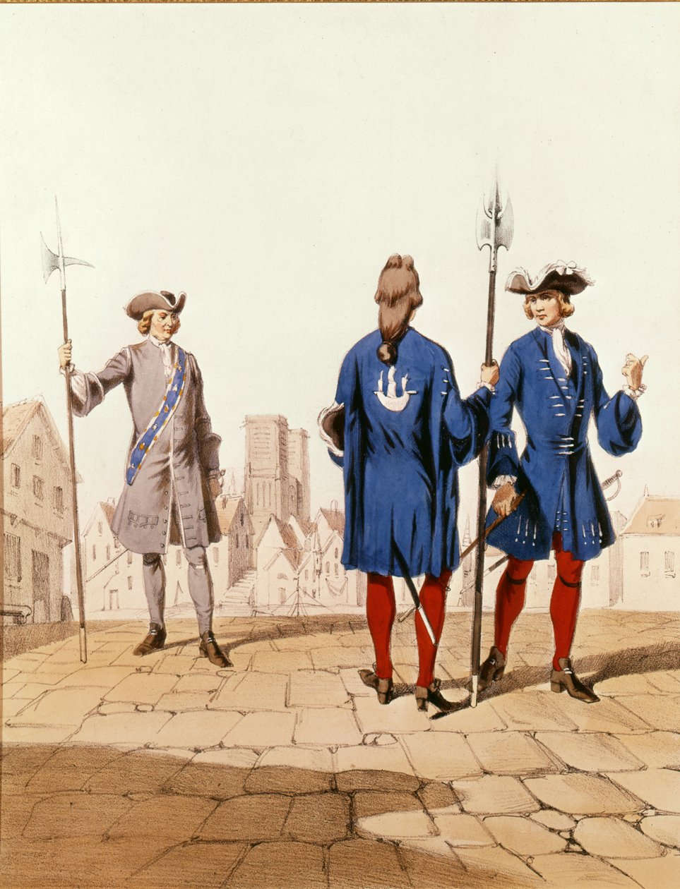 Tropas parisienses do século XVIII: Vigilantes e arqueiros da cidade em uniforme cerimonial, gravados por D. Noirmont de Alfred de after Marbot
