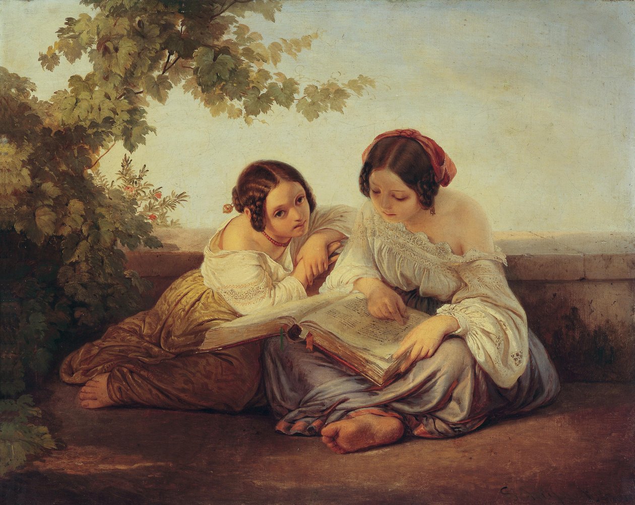 Duas garotas de leitura na frente do fundo do campo de Alfred von Schüssler