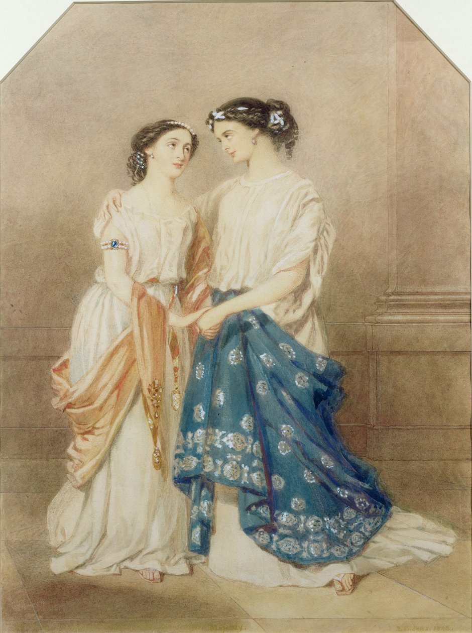 Cena da produção de 1848 de &39;Antigone&39; no St. James Theatre com Mlle. Baptiste como Ismeme e Mme. Pechter como Antígona, 1848 de Alfred Edward Chalon