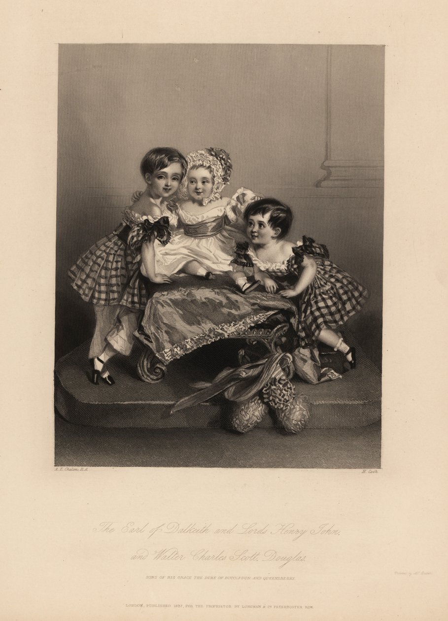 Conde de Dalkeith (William Henry), Henry John e Walter Charles Scott Douglas, filho do 5º Duque de Buccleuch, 7º Duque de Queensberry. Dois filhos usam vestidos de tartan com fitas, com o mais novo de touca e vestido de cetim. Gravura em aço de H. Cook a de Alfred Edward (after) Chalon