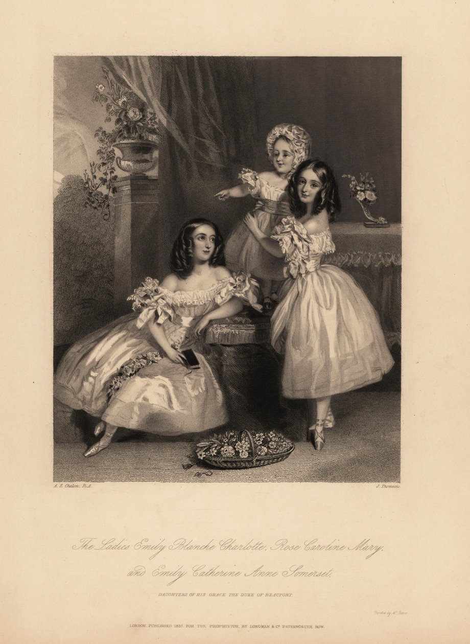 Retrato de Emily Blanche Charlotte, Rose Caroline e Emily Catherine Anne Somerset, filhas de Henry Somerset, 7º Duque de Beaufort. Três jovens irmãs com argolas em vestidos de cetim com fitas e rendas, sapatos de balé. Gravura em aço de J. Thomson a de Alfred Edward (after) Chalon