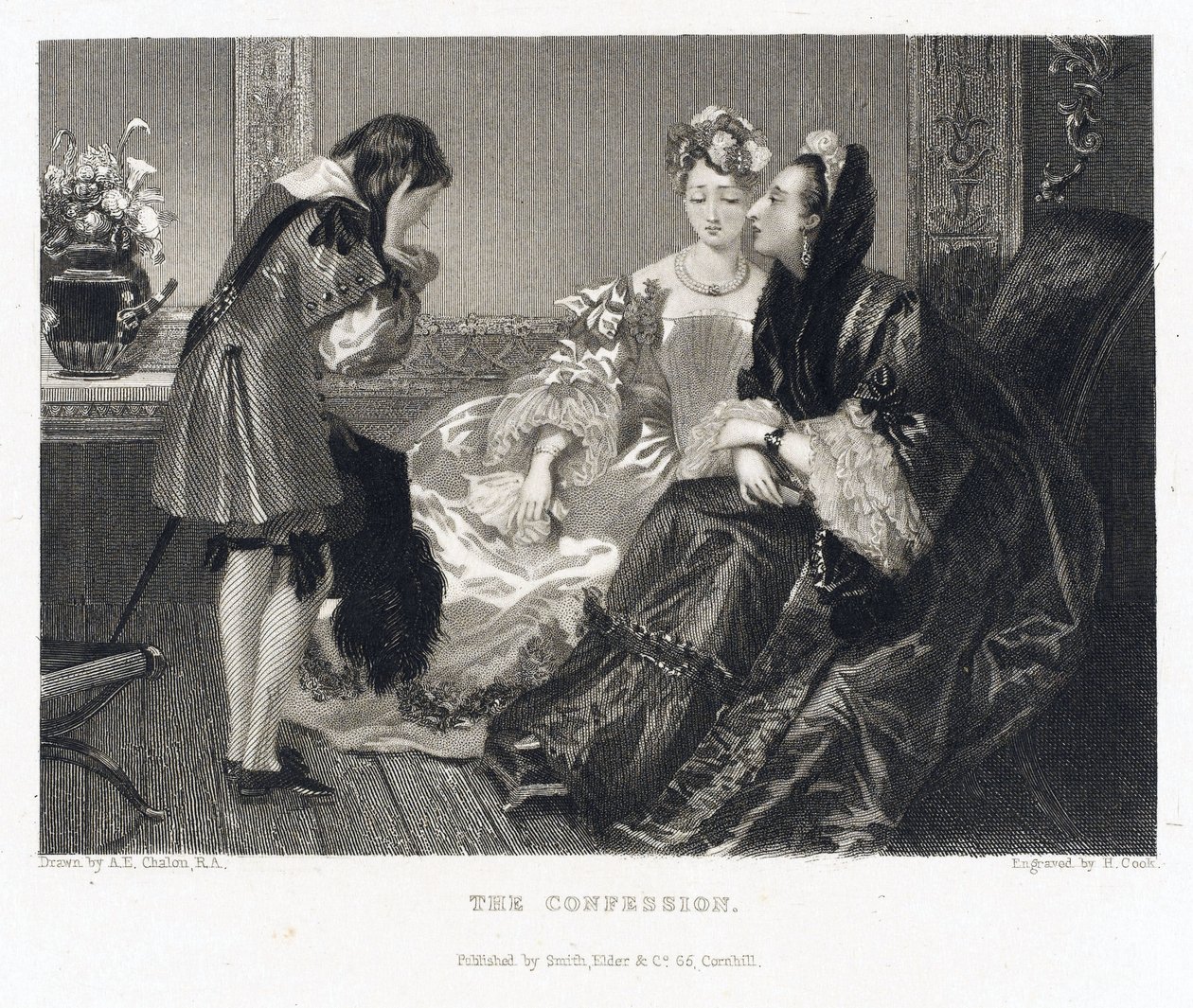 A confissão, relacionada com uma história com o mesmo título, uma mulher com um grande vestido preto inclina-se para a frente para ouvir a confissão de um rapaz, que cobre o rosto com as mãos de Alfred Edward (after) Chalon