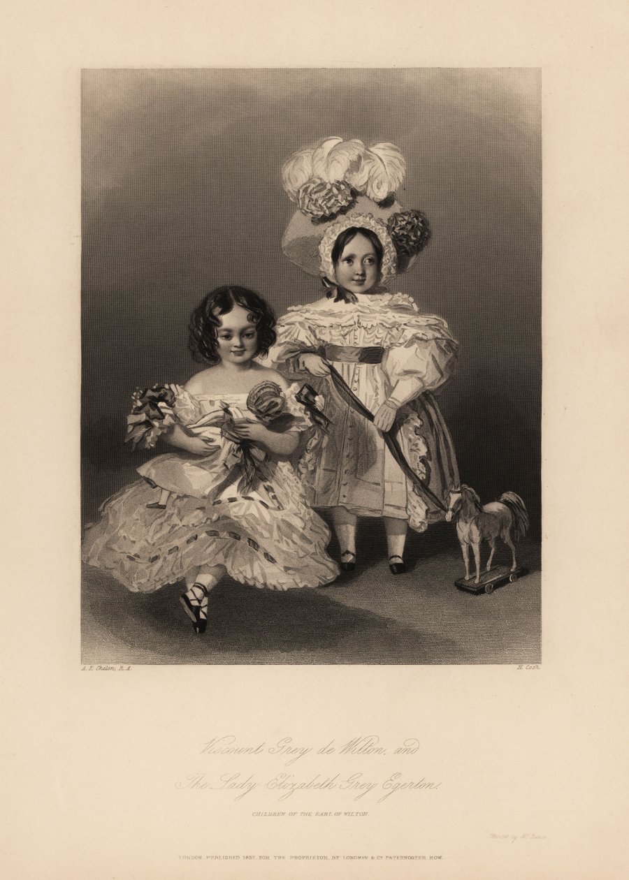 Visconde Grey de Wilton e Elizabeth Grey Egerton, filhos de Thomas Egerton, 2º Conde de Wilton. Filha com argolas e vestido de babado segurando uma boneca, e filho com vestido e gorro de penas segurando uma fita amarrada a um cavalo de brinquedo. Gravura d de Alfred Edward (after) Chalon