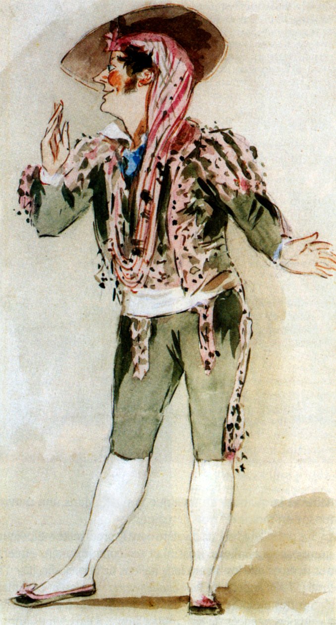 Carlo Zucchelli (1793-1879) baixo italiano, no papel de Fígaro na ópera "O barbeiro de Sevilha" de Gioacchino Rossini, aguarela de Alfred Edward Chalon