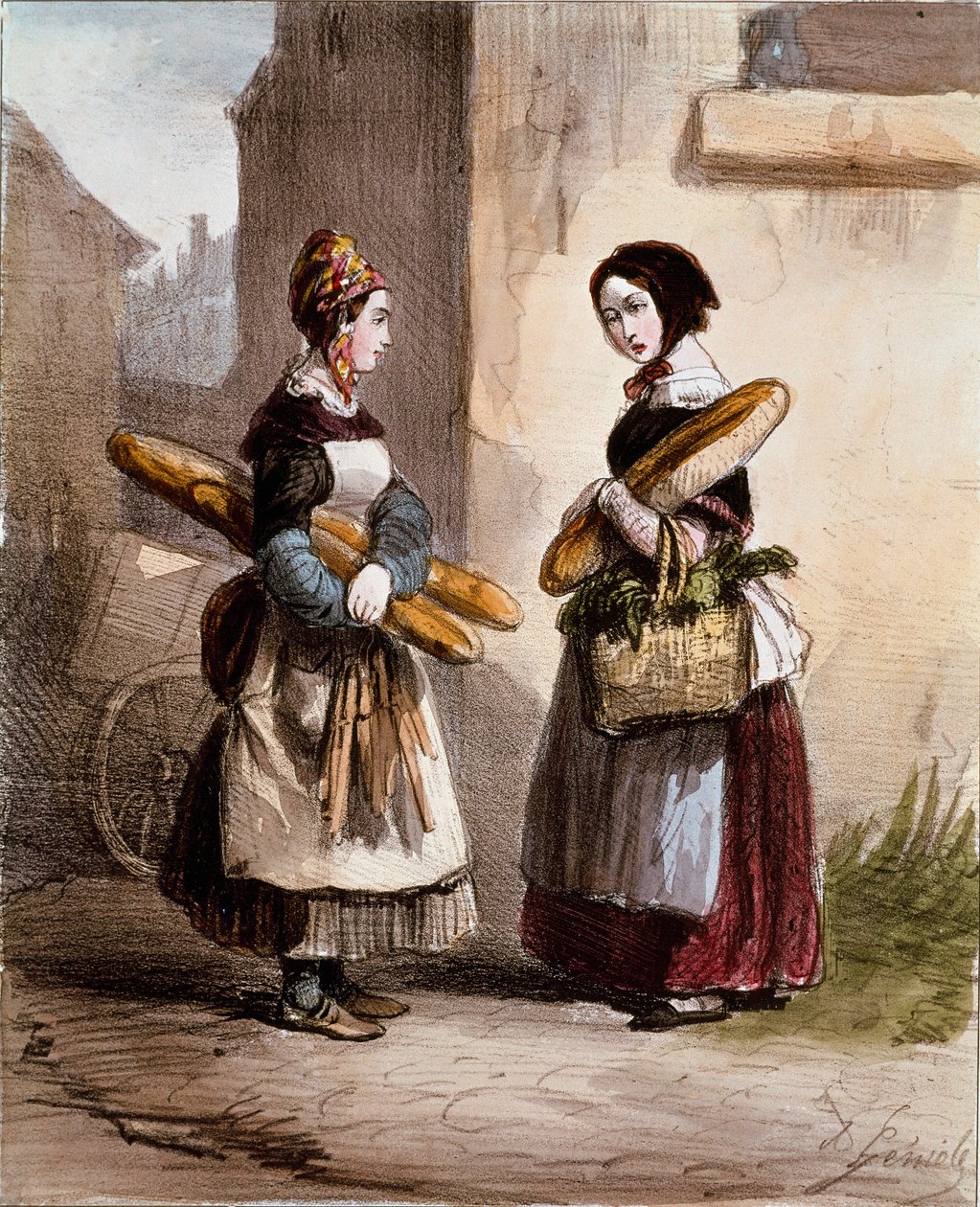 Pequenos meandros: a padaria. O jovem comerciante de pão ambulante. Impressão de Alfred Andre Geniole (1813-1861) de "Les femmes de Paris" 1841-1842 Paris, Musee Carnavalet de Alfred Andre Geniole