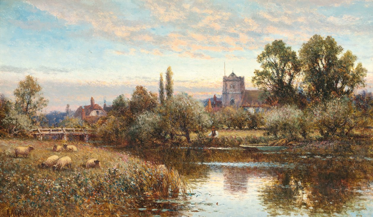Ovelhas pastando antes da Igreja de Wrotham, crepúsculo de Alfred Augustus Glendening