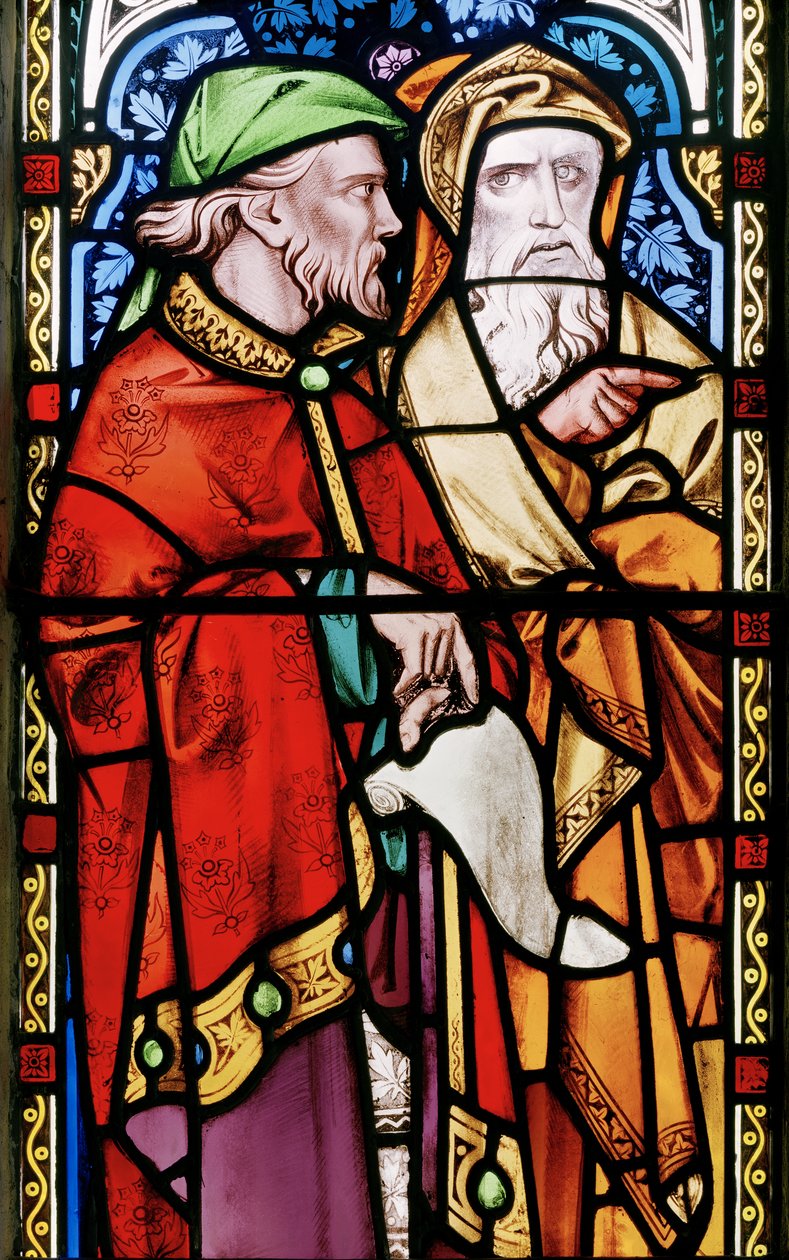 Dois homens ouvindo John The Baptist Preaching, detalhe da janela do leste, 1857 (vitral) de Alfred Bell