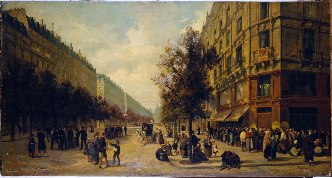 Cauda à porta de uma mercearia (esquina da rue Réaumur com o boulevard Sébastopol) em novembro de 1870, 1871 (óleo sobre tela) de Alfred /Brunner Lacoste Emile (1838 81) Decaen