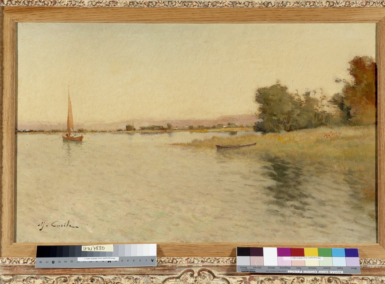 Barco e veleiro na margem do lago Pintura de Alfred Casile (1848-1909) Século XX Menção obrigatória: Fundação da coleção a respeito de Provence, Marselha de Alfred Casile