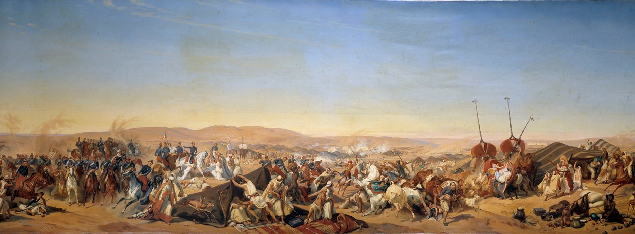 Conquete da Argélia (1830-1847): "Captura da Smalah (Smala) de Abd el Kader (Abd-el-Kader ou ibn Muhyi al-Din al-Hasani) (al Din al-Hasani) (1807-1883) pelo Duque de Aumale em Taguin de Alfred Charles Ferdinand Decaen