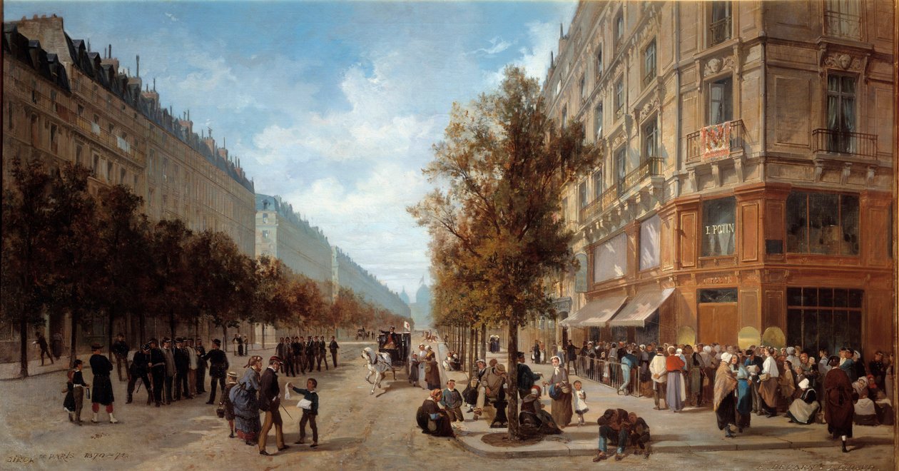 A sede em Paris: "Fila à porta de uma mercearia (Felix Potin) na esquina da Rue Reaumur e Boulevard Sebastopol em Novembro de 1870" Pintura de Alfred Decaen (1820-1893) 1870 Dim. 1x0,7 m Paris, Musee Carnavalet de Alfred Charles Ferdinand Decaen