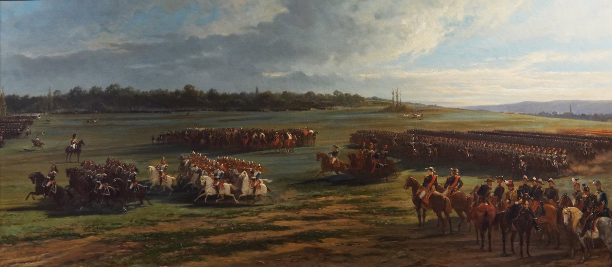Revisão da divisão de cavalaria da Guarda de Longchamp por Napoleão III e François Joseph I da Áustria, 25 de Outubro de 1867 de Alfred Charles Ferdinand Decaen