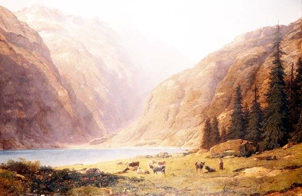Uma paisagem de lago montanhoso com gado de Alfred Chavannes