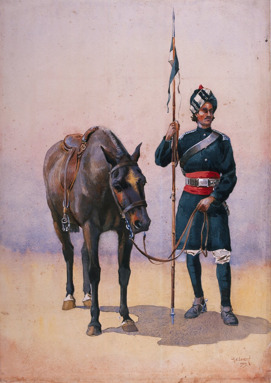 Soldado do 19º Lancers (cavalo de Fane) Punjabi Musalman, ilustração para &39;exércitos da Índia&39; pelo Major GF MacMunn, publicado em 1911, 1909 de Alfred Crowdy Lovett