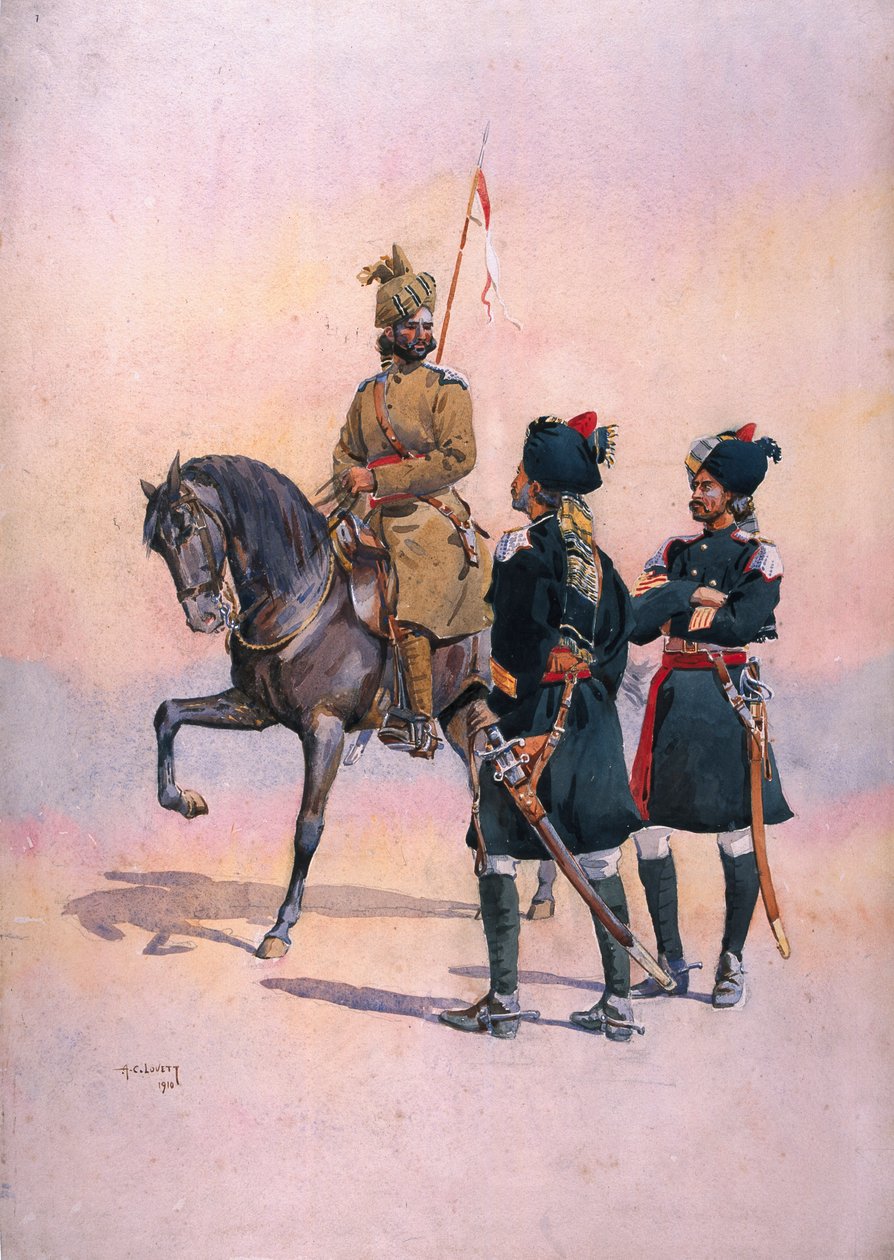 Soldado dos 37 Lancers (Baluch Horse) Baluch, o 36º Cavalo de Jacob Pathan e o 35º Scinde Horse, Kot Daffadar Baluch, ilustração para &39;Exércitos da Índia&39; pelo major GF MacMunn, publicado em de Alfred Crowdy Lovett