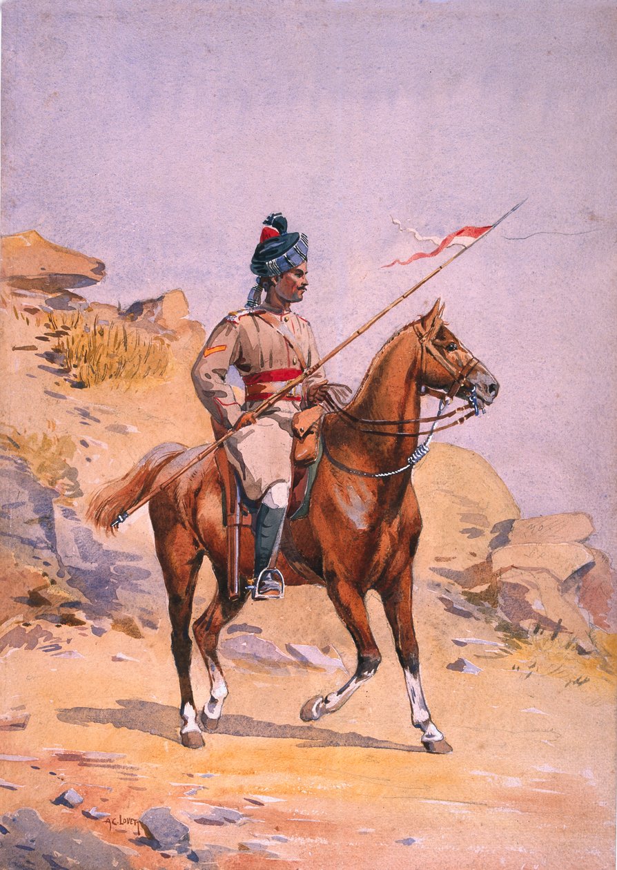 Soldado do 38º príncipe do país de Gales próprio Central Gorse, ilustração de Lance Dafadar Gakbar (Punjabi Musalman) para &39;exércitos da Índia&39; por Major GF MacMunn, publicado em 1911 de Alfred Crowdy Lovett