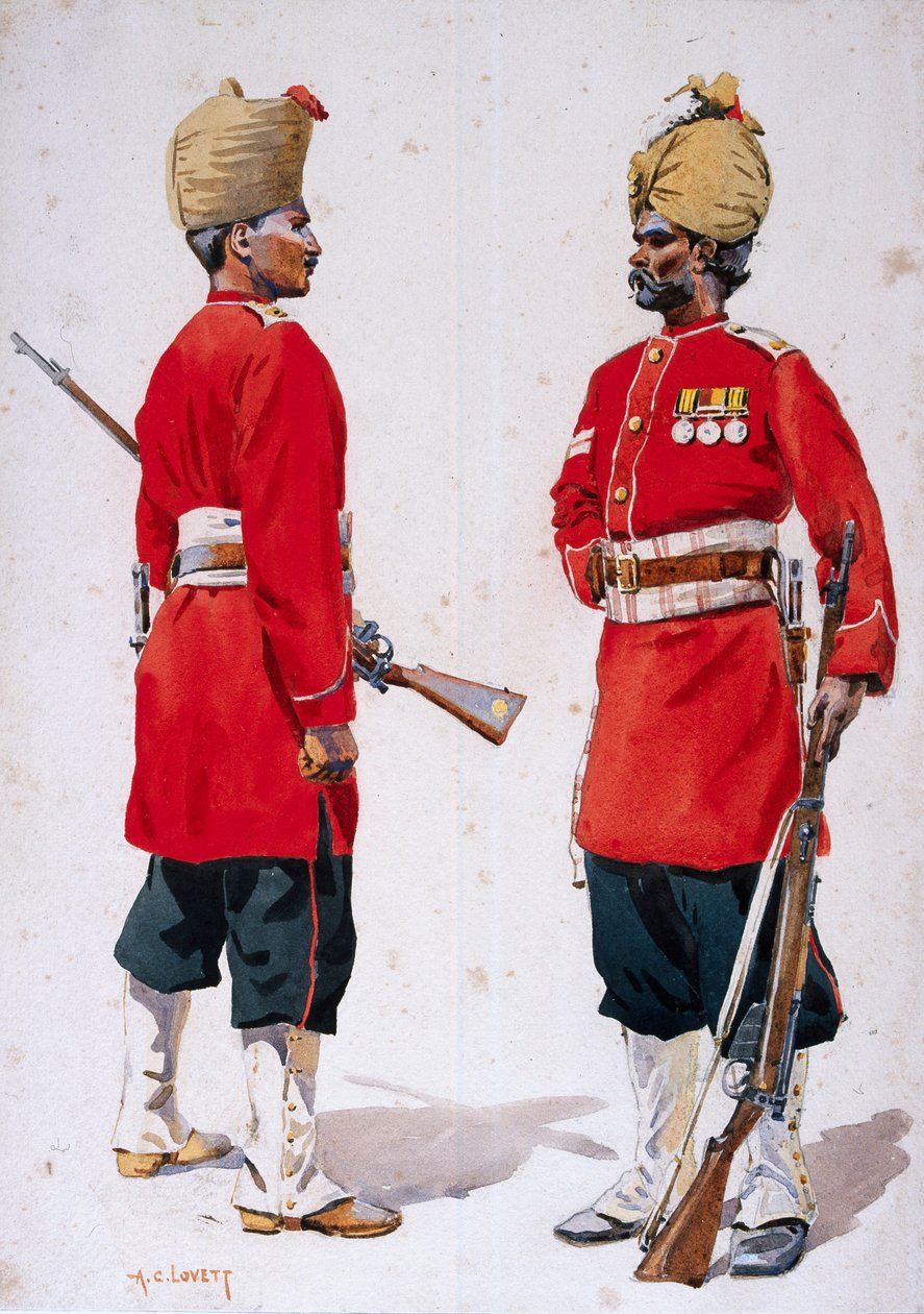 Soldados dos 102 Granadeiros Próprios do Rei Eduardo e do 101º Granadeiros, ilustração de &39;Exércitos da Índia&39; pelo Major GF MacMunn, publicado em 1911, 1908 de Alfred Crowdy Lovett