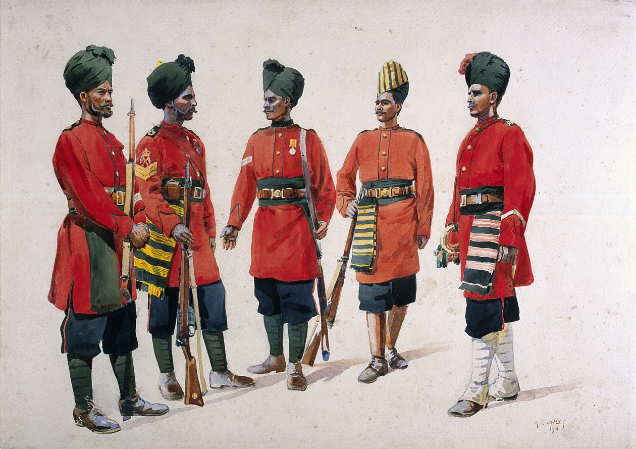 Soldados da Ex-Infantaria Contingente de Hyderabad, ilustração para "Exércitos da Índia" pelo Major GF MacMunn, publicado em 1911, 1910 de Alfred Crowdy Lovett