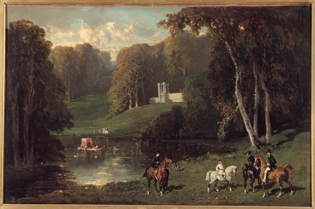 Cavaleiros e Amazonas às margens de um lago Pintura de Alfred de Dreux (1810-1860) Sol do século XIX. 0,43x0,65 m de Alfred Dedreux