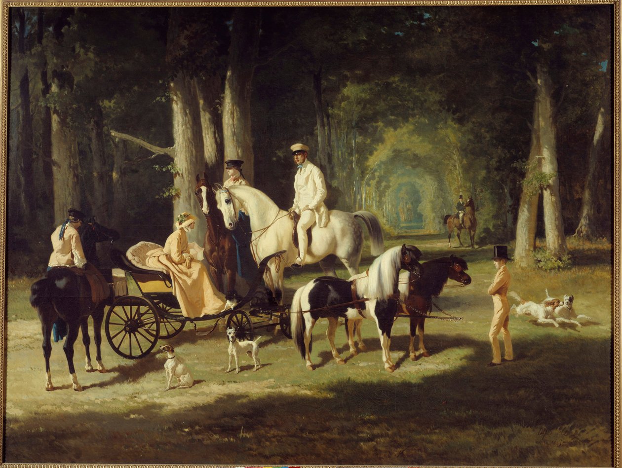 O Sr. e a Sra. A. Mosselman e as suas duas filhas andam a cavalo pela floresta. Pintura de Alfred de Dreux (1810-1860) 1848 Sol. 2x2,65 m Paris, museu do Petite Palais de Alfred Dedreux