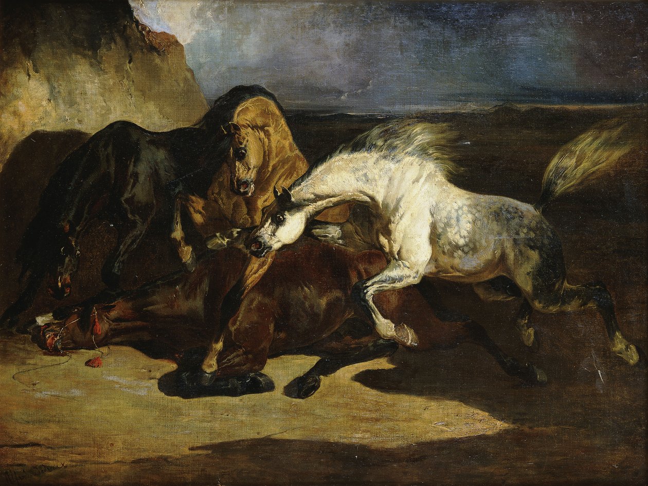 Garanhões lutando em uma paisagem tempestuosa, de Alfred Dedreux