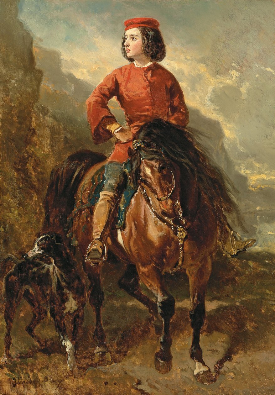 Jovem cavaleiro em Shetland, com um galgo; Jovem piloto montando um shetland e galgo, século XIX de Alfred Dedreux
