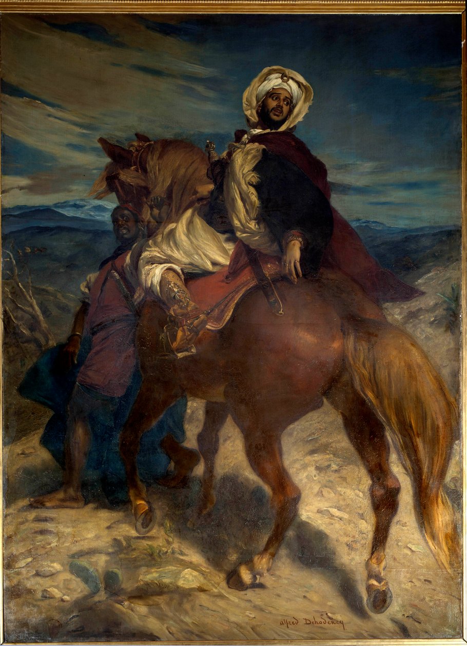Reconquista: "A despedida do rei Boabdil a Granada" O rei Boabdil (Abu Abd Allah) entregou as chaves da cidade aos governantes espanhóis em 02/01/1492. Pintura de Alfred Dehodencq (1822-1882) do século XIX. Dim. 3,7x2,7 m. Paris, Musee d
