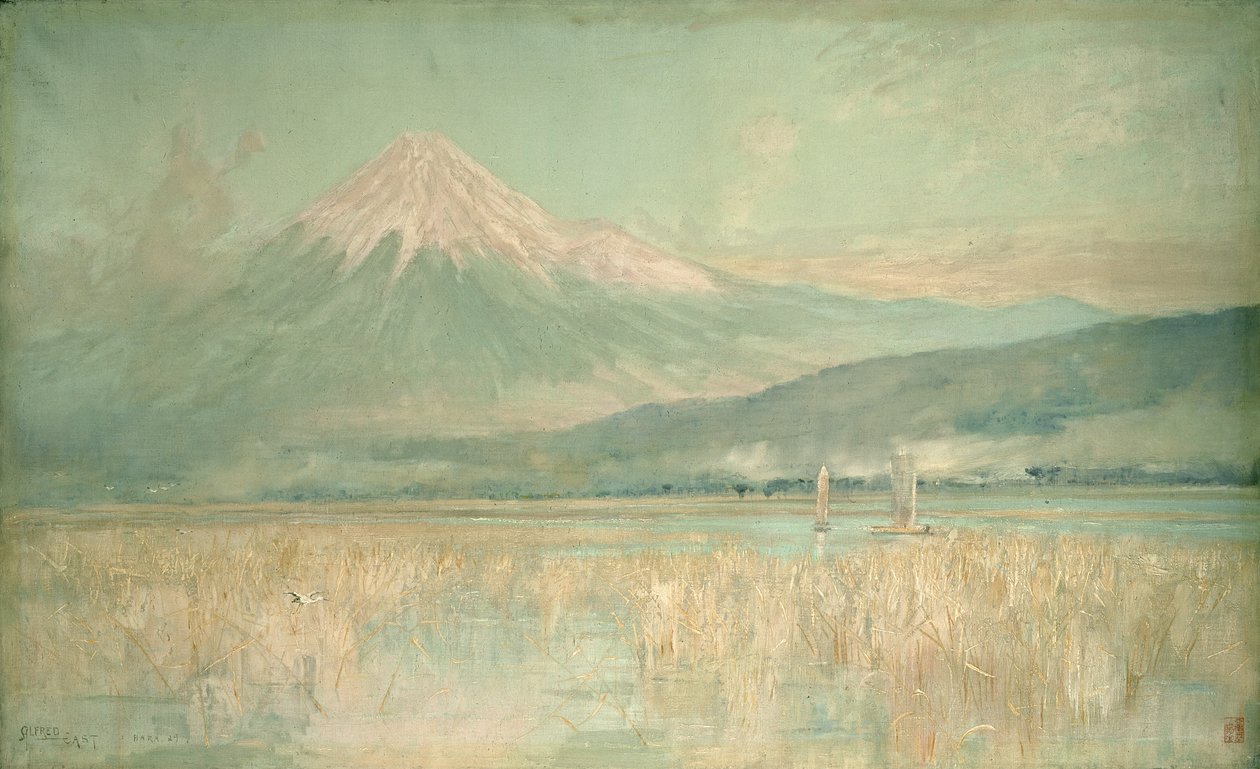 Amanhecer na montanha sagrada, o sol Fuji meio escondido nas nuvens, 1889 de Alfred East