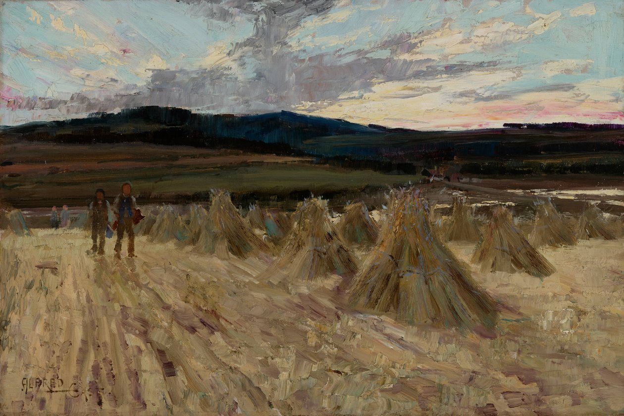 Colheitadeiras ao pôr do sol (óleo sobre tela) de Alfred East