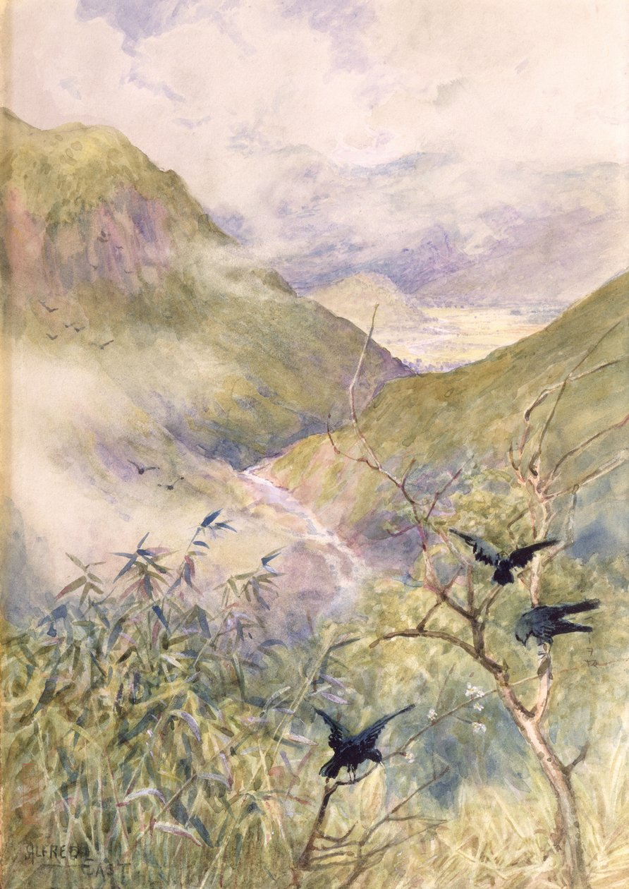 Olhando para os lírios: O vale de Nikko olhando para o leste Para a província de Shimo-no-Tsuke, c.1889 (wc no papel) de Alfred East