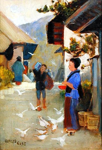 Village on the To-kai-do, c.1889 (óleo sobre painel) de Alfred East