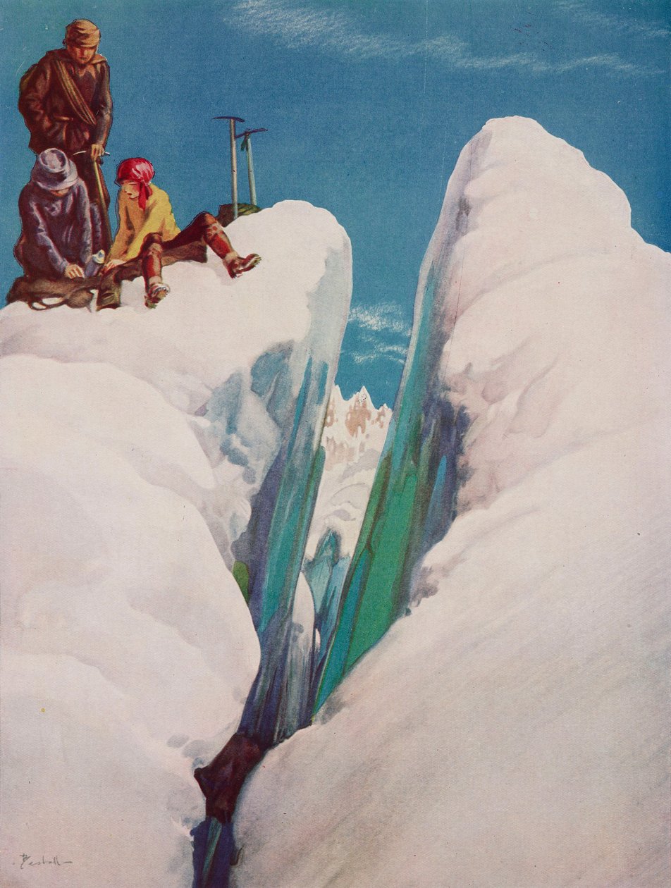 A fenda, Tragédia do alpinismo, desenho de Alfred Bestall (1892-1986) do The Tatler, n.º 1366, 31 de agosto de Alfred Edmeades Bestall