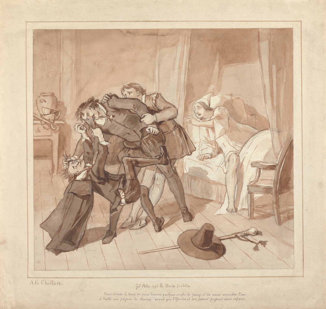 Gil Blas, Enquanto Pratica Medicina sob a orientação do Dr. Sangrado, Encontra o Dr. Cuchillo na Cabeceira da Mercearia de Alfred Edward Chalon