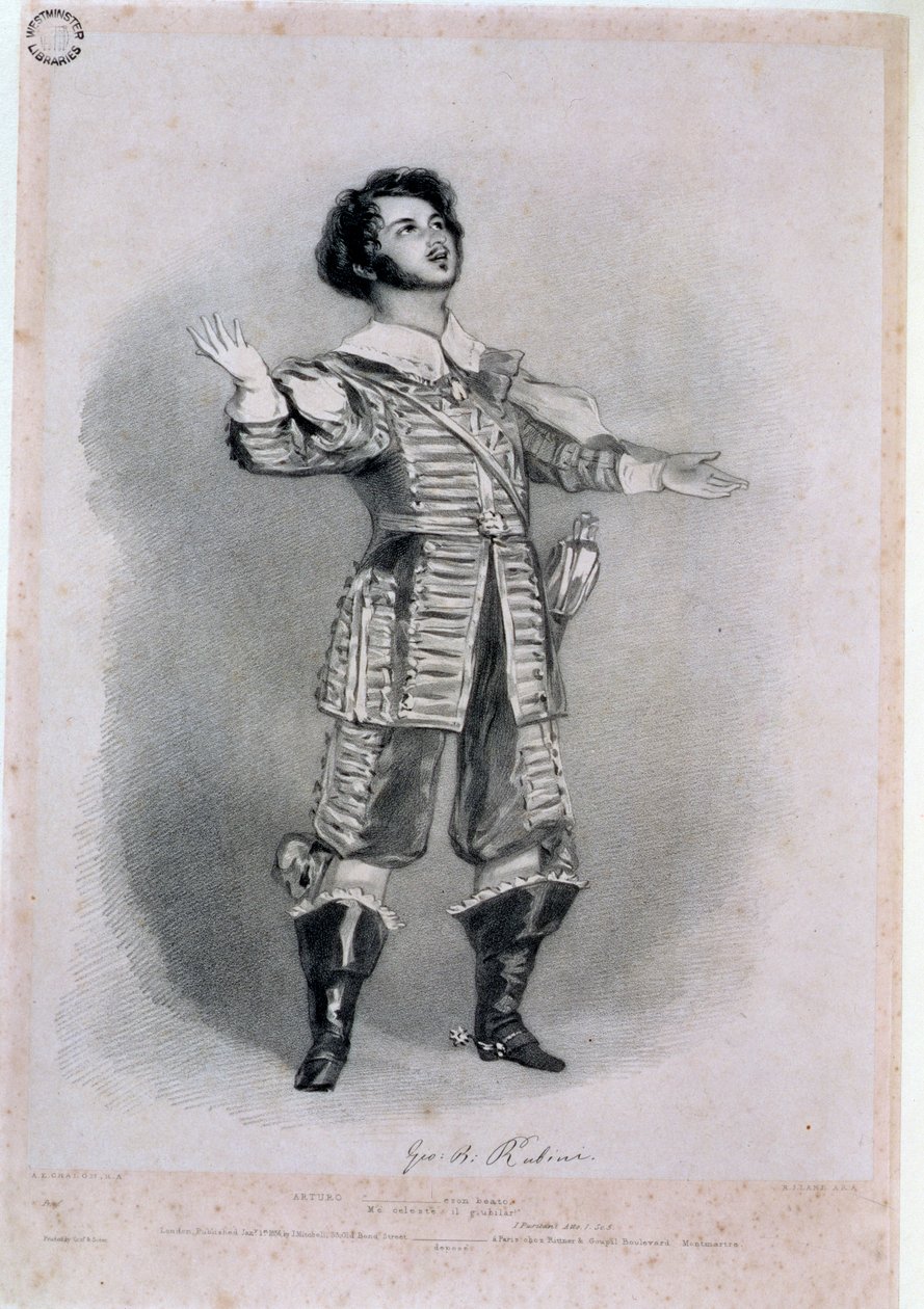 Giovanni Battista Rubini (1794-1854) como Arturo em &39;I Puritani&39;, cópia da prova de &39;Recordações da Ópera Italiana&39;, gravada por Richard James Lane (1800-72), 1836 (ver 123979 para cor) de Alfred Edward Chalon