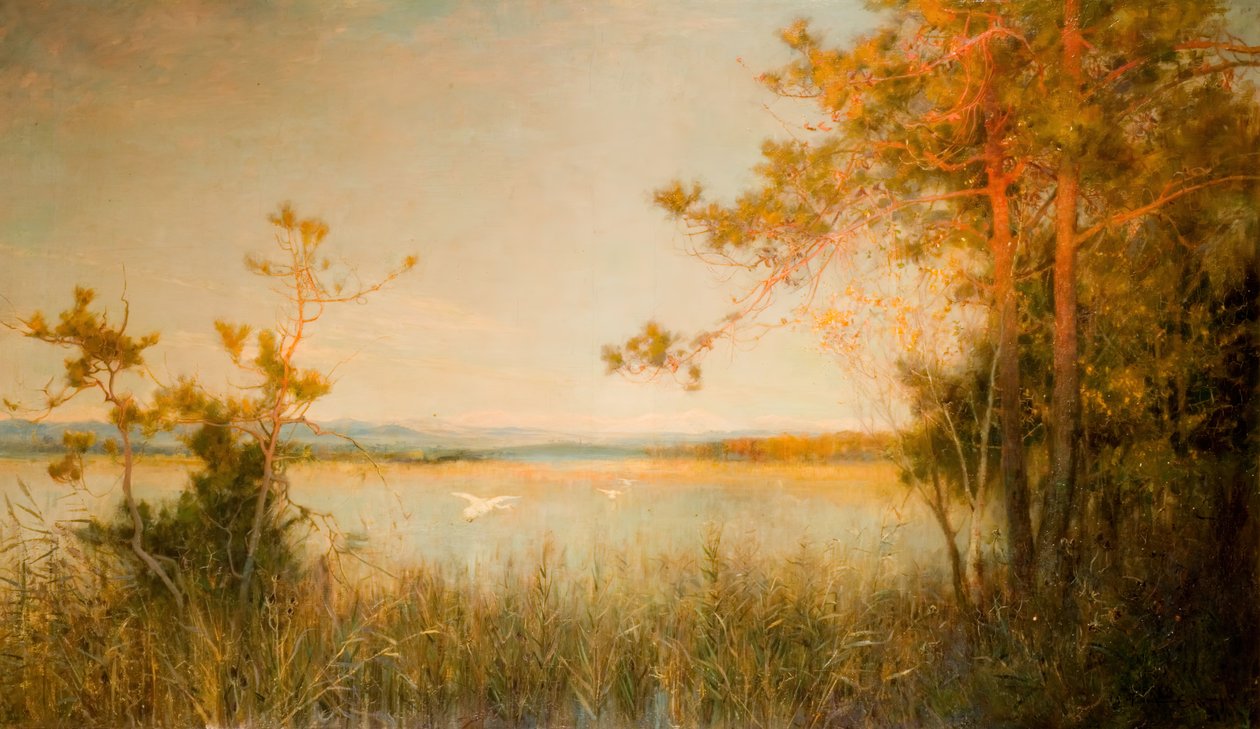 Reedy Mere e Sunlit Hills, 1890-91. de Alfred Edward East