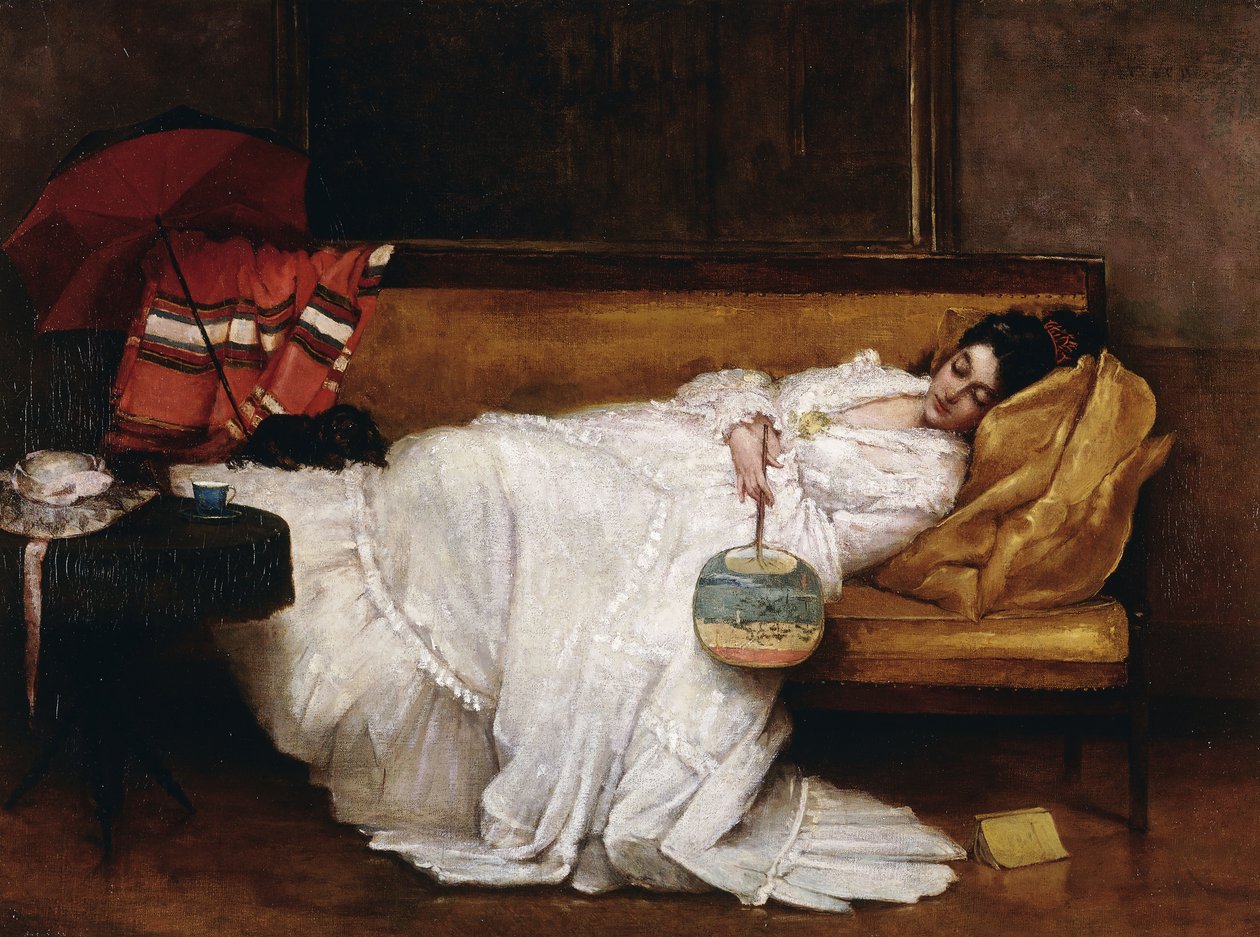 Uma garota com um ventilador japonês dormindo no sofá, de Alfred Emile Stevens