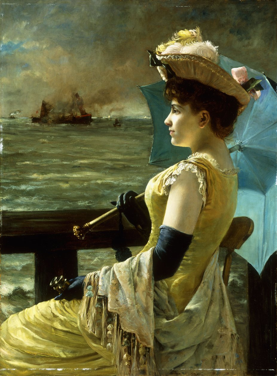Uma senhora com um guarda-sol olhando para o mar, de Alfred Emile Stevens