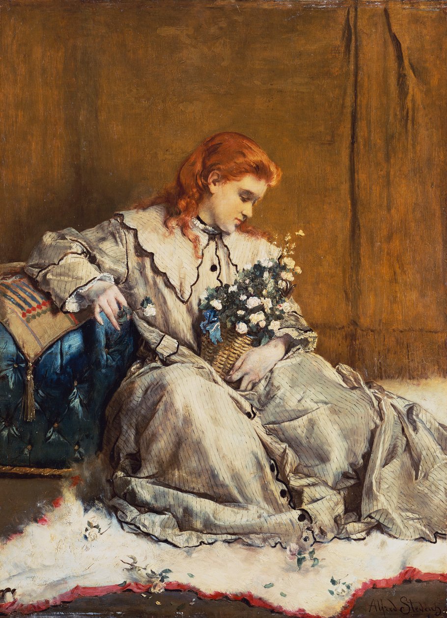 Devaneio, jovem ruiva com otomano azul de Alfred Emile Stevens