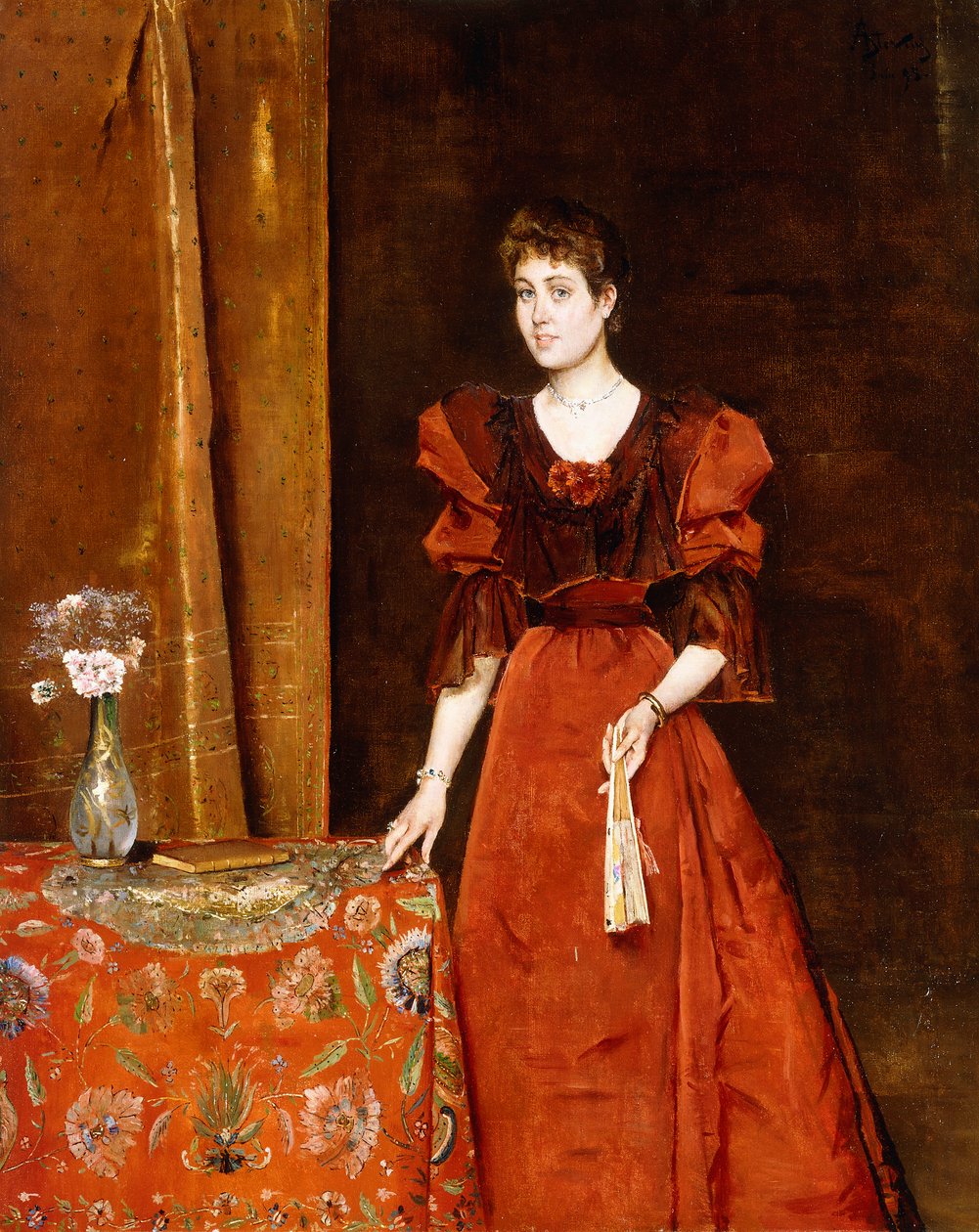 Senhora elegante, segurando um leque, 1893 de Alfred Emile Stevens