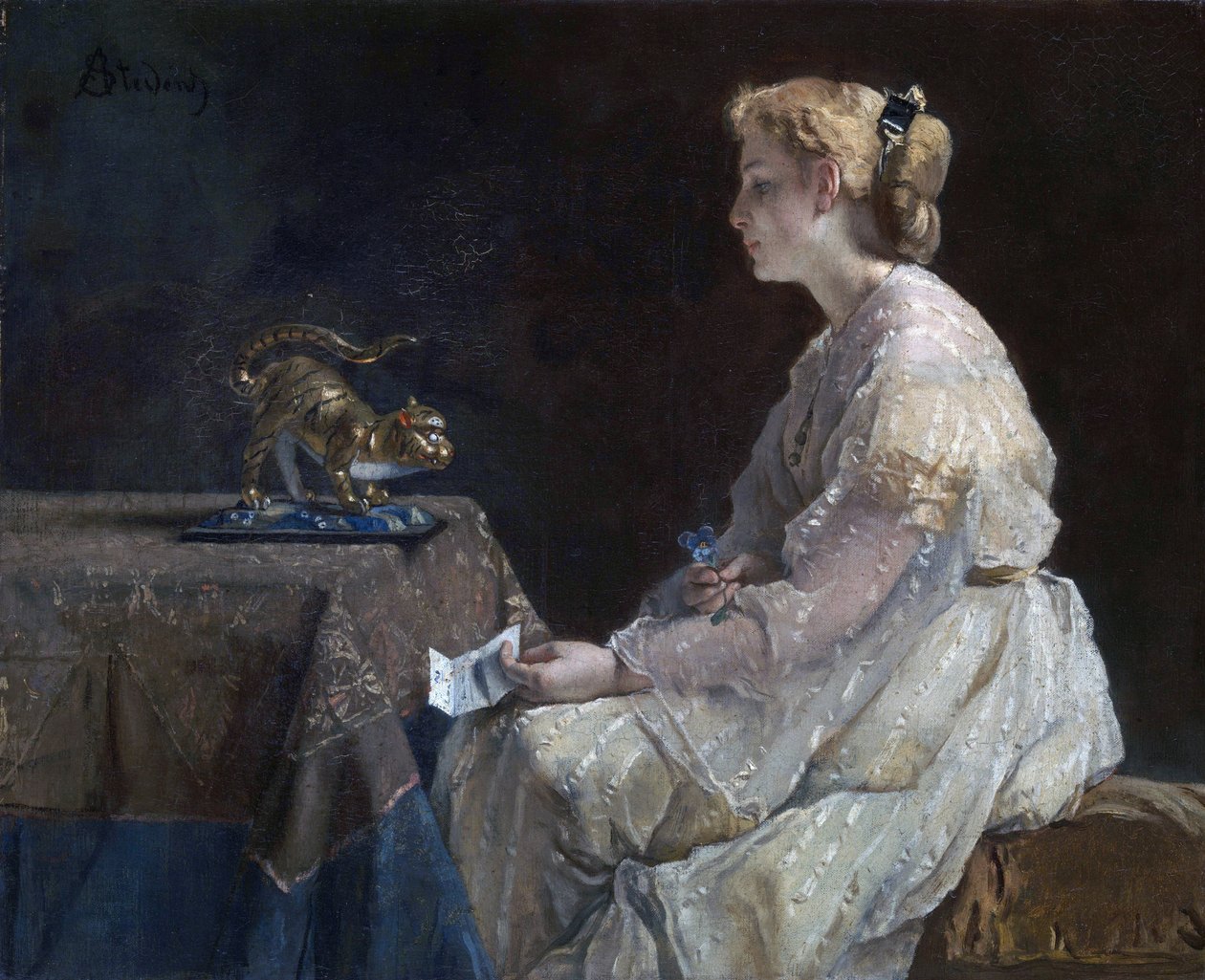 ""O presente"" Uma jovem descobrindo uma estatueta de gato - Pintura de Alfred Stevens (1823-1906) por volta de 1870 Galeria Nacional de Londres de Alfred Emile Stevens