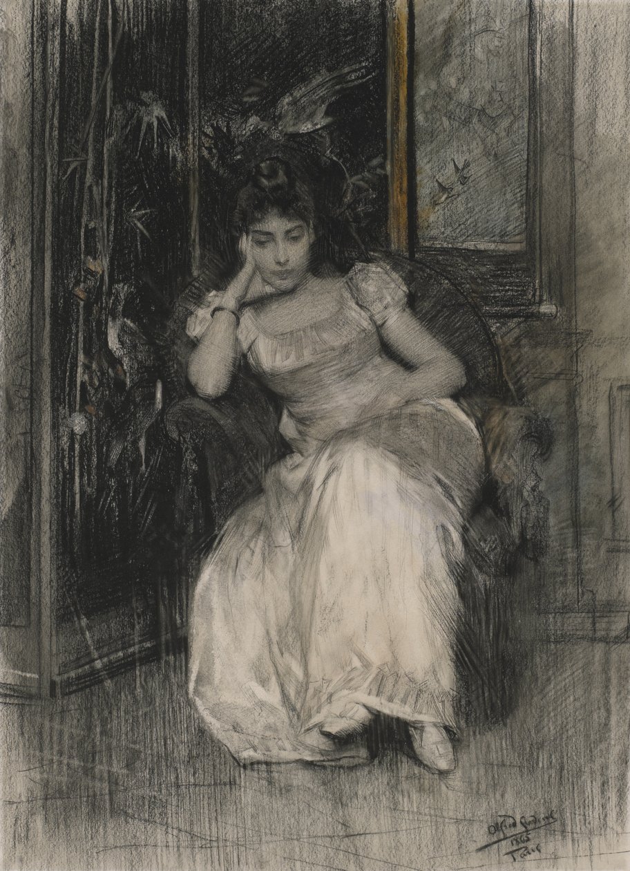 Mademoiselle de Clermont-Tonnerre, 1865 (giz preto & wc sobre grafite em papel tufado) de Alfred Emile Stevens