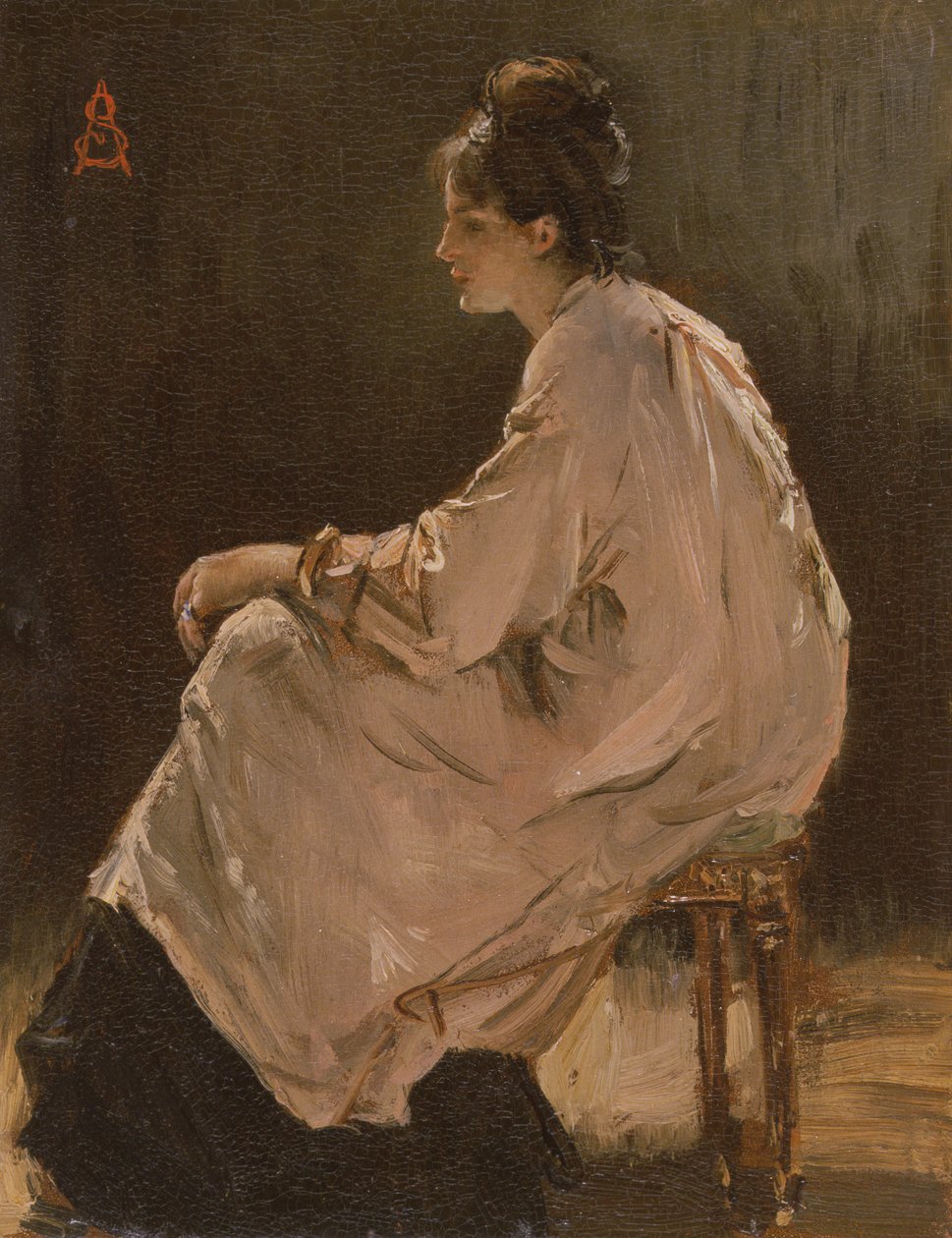 Rapariga sentada (óleo sobre tábua) de Alfred Emile Stevens